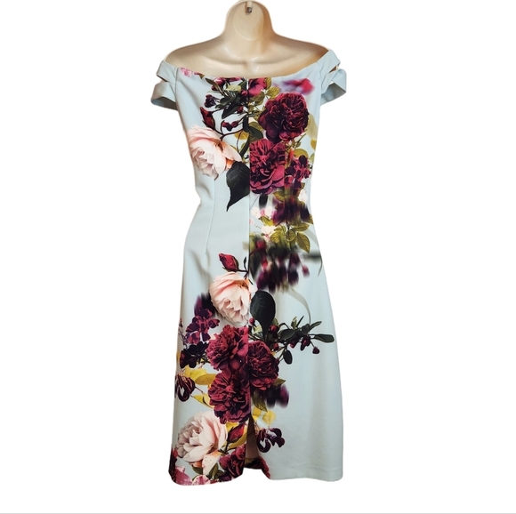 Ignite Evenings Off The Shoulder Floral Cocktail Fitted Dress Aqua Multi-Color 8 - Picture 4 of 10